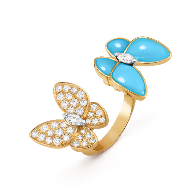 Double Butterfly Ring, Yellow Gold Tone, Turquoise