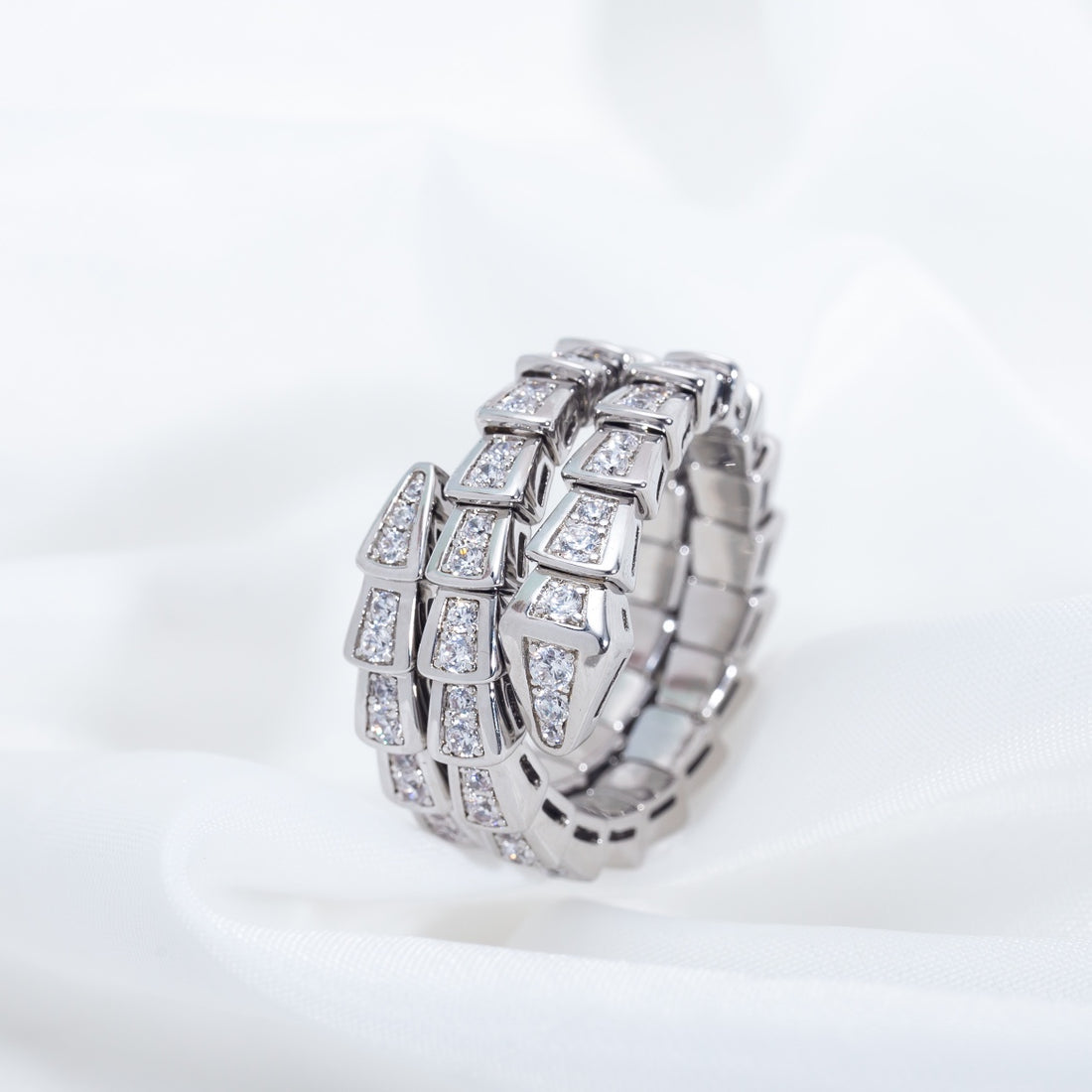 Snake-Scale Ring, White Gold Tone, Stone-Set