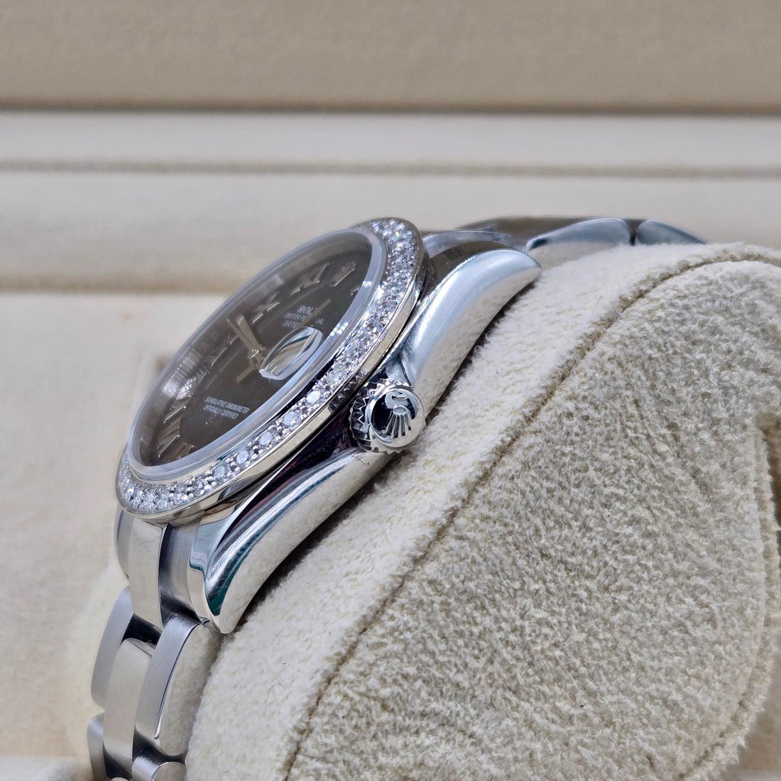 Classic Date Watch, White Gold Tone, Steel, Stone-Set, 28 mm