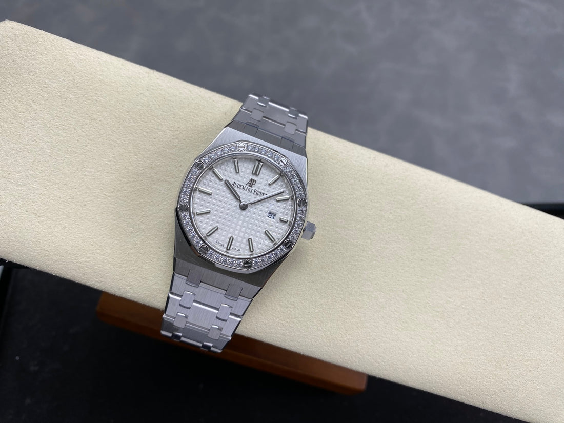 Octagonal Bezel Watch, White Gold Tone, Stone-Set, White, 33 mm