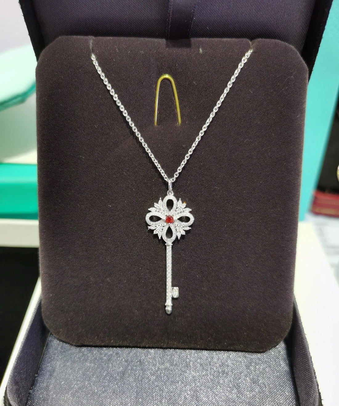Key Pendant Necklace, White Gold Tone