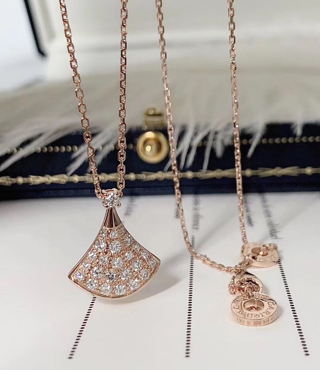 Fan-Motif Necklace, Rose Gold Tone, Stone-Set, Size S