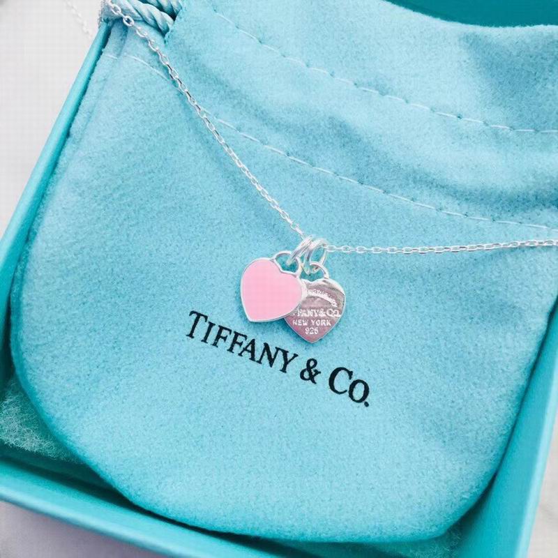 Double Heart Tag Pendant Necklace, Pink, Silver Tone
