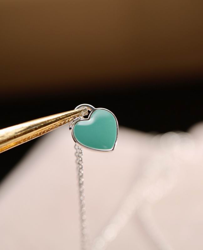 Double Heart Tag Pendant Necklace, Blue, Silver Tone