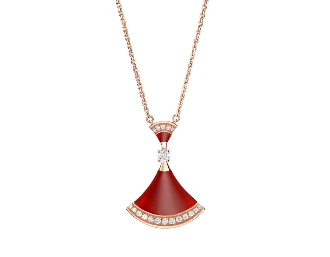Fan-Motif Necklace, Rose Gold Tone, Stone-Set, Carnelian