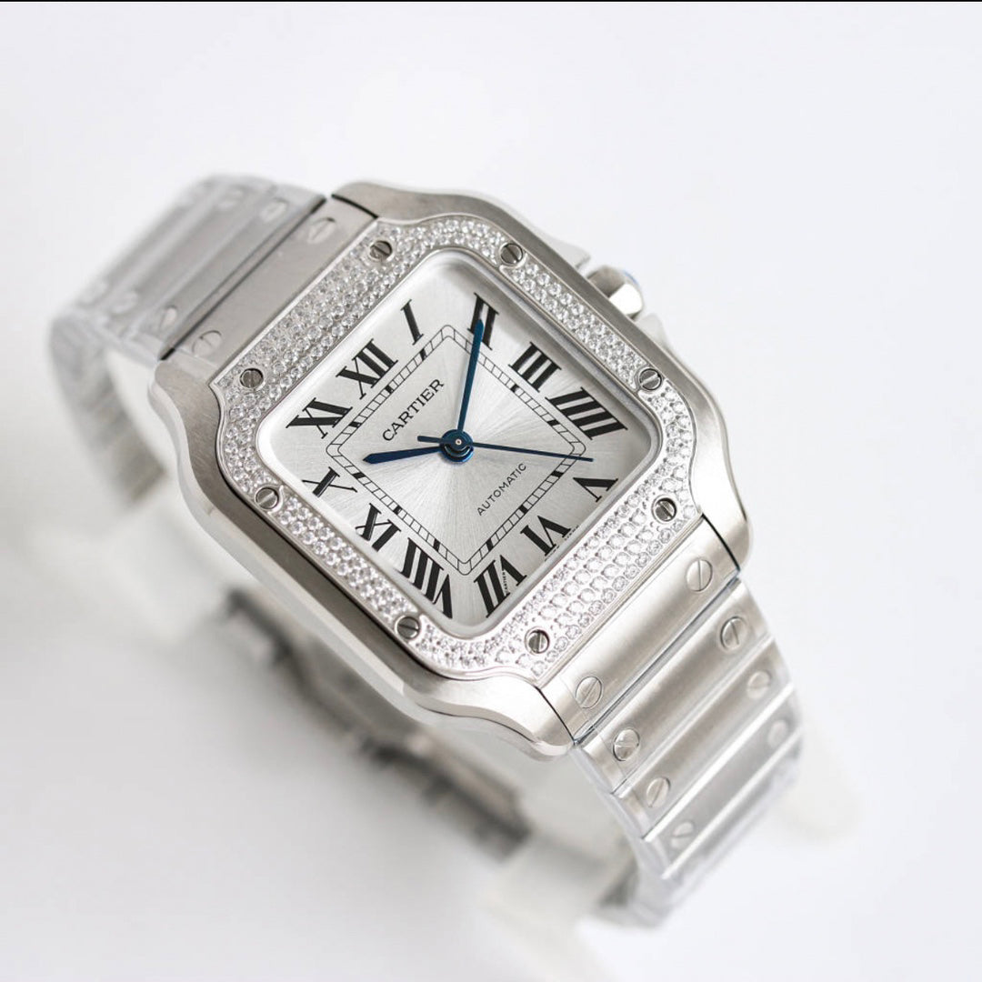 Square Case Watch, Steel, Stone-Set