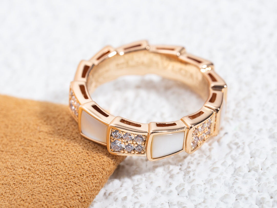 Snake-Scale Ring, Rose Gold Tone, Stone-Set, Mother-of-Pearl