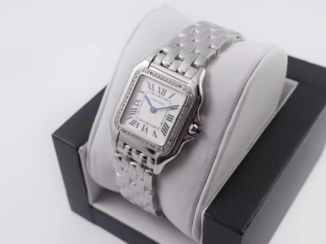 Square Link-Bracelet Watch, White Gold Tone, Stone-Set, White, Medium Model