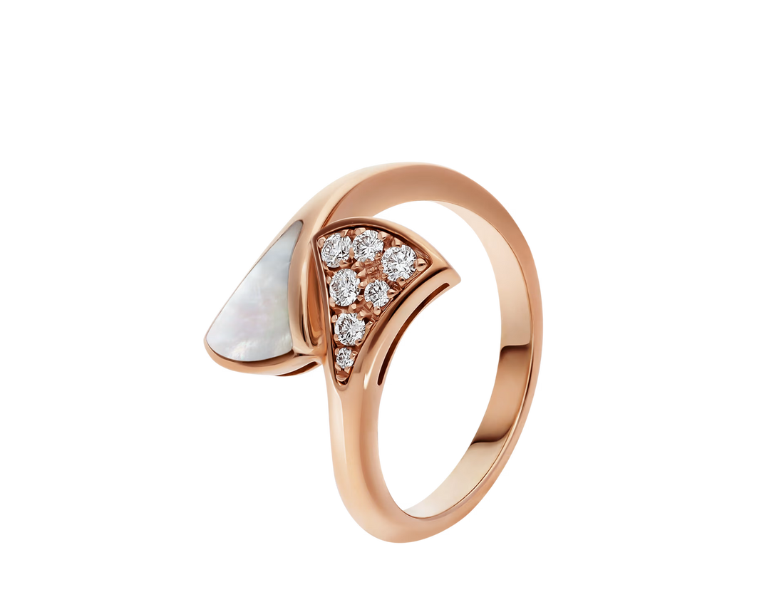 Fan-Motif Ring, Rose Gold Tone, Stone-Set, Mother-of-Pearl