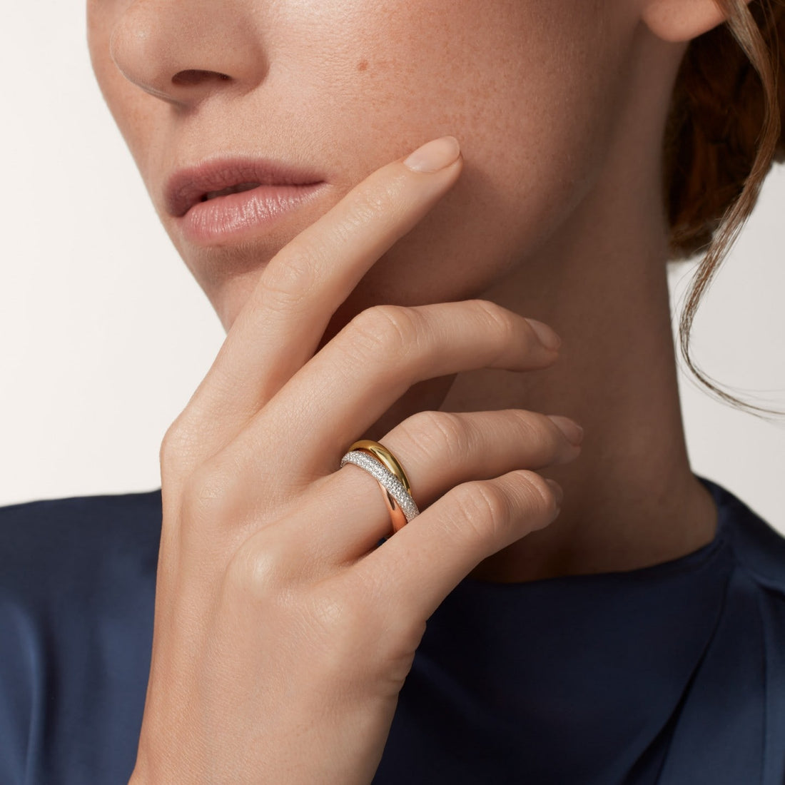 Three-Band Rolling Ring, Stone-Set, Classic Model, Rose Gold Tone