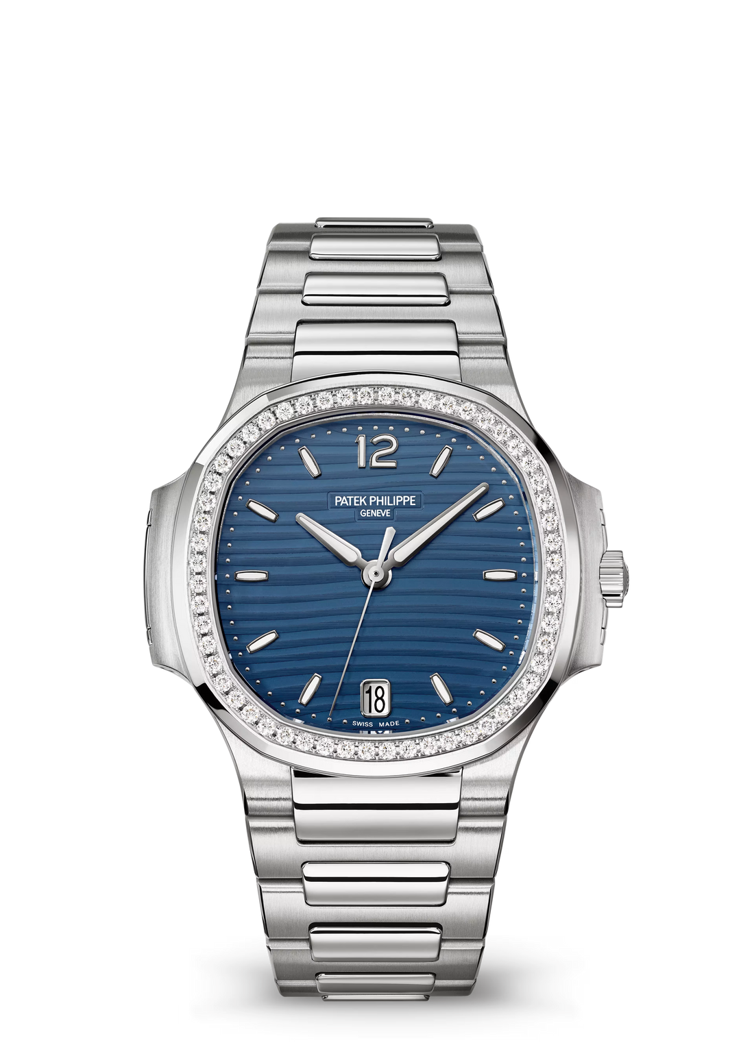 Porthole Case Watch, White Gold Tone, Stone-Set, White