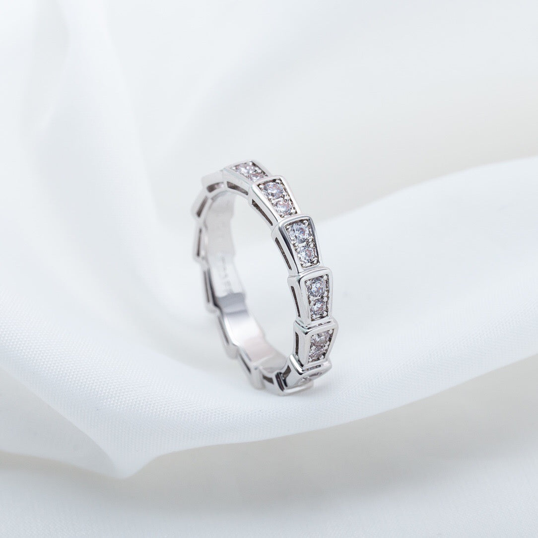 Snake-Scale Ring, White Gold Tone, Stone-Set