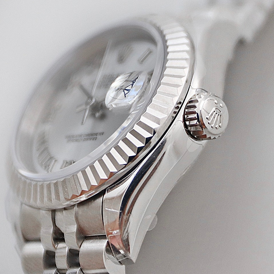 Classic Date Watch, White Gold Tone, Steel, White, 28 mm