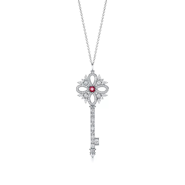 Key Pendant Necklace, White Gold Tone