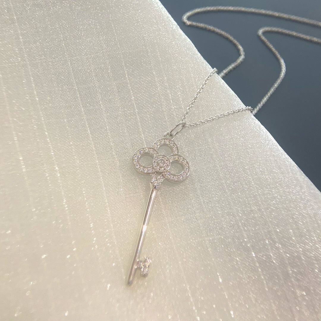 Key Pendant Necklace, White Gold Tone