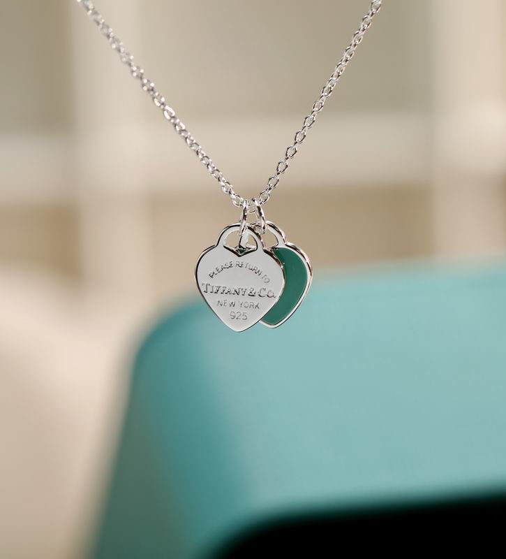 Double Heart Tag Pendant Necklace, Blue, Silver Tone