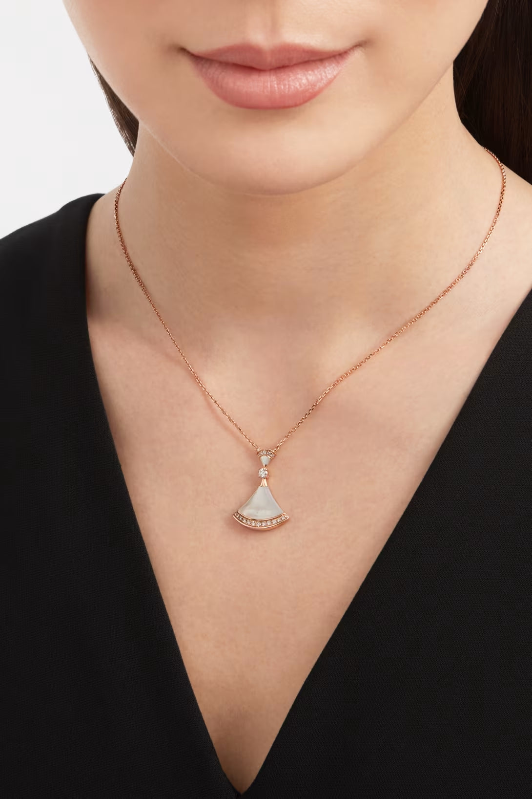 Fan-Motif Necklace, Rose Gold Tone, Stone-Set, Mother-of-Pearl