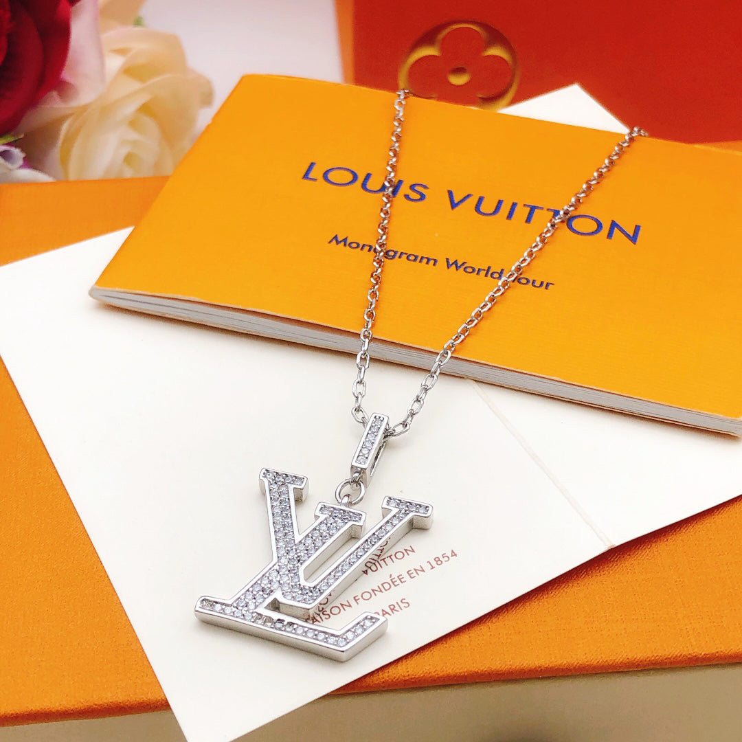 Flower Motif Pendant Necklace, White Gold Tone, Stone-Set, White