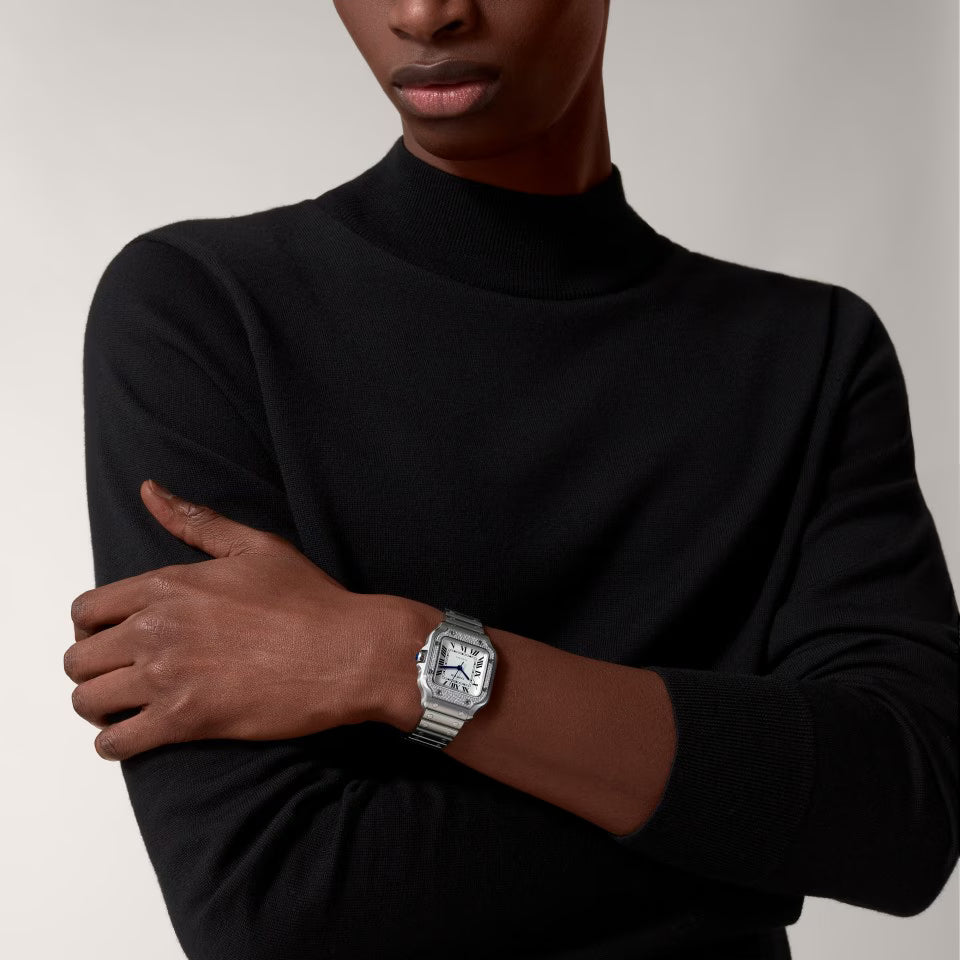 Square Case Watch, Steel, Stone-Set