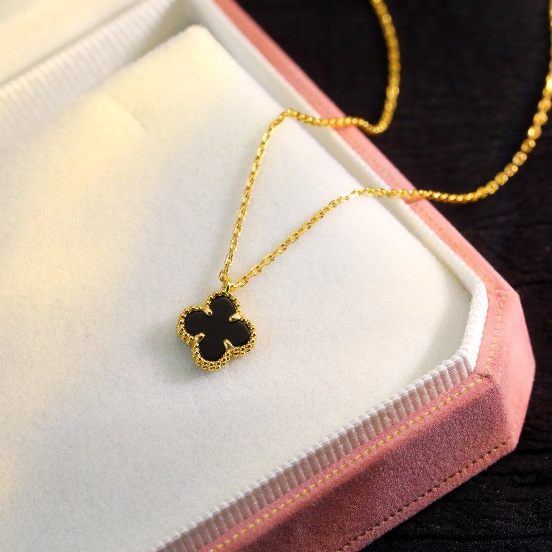 Quatrefoil Pendant Necklace, Yellow Gold Tone, Onyx