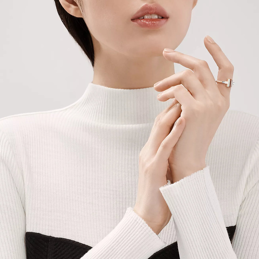 T-Motif Ring, Stone-Set, Rose Gold Tone