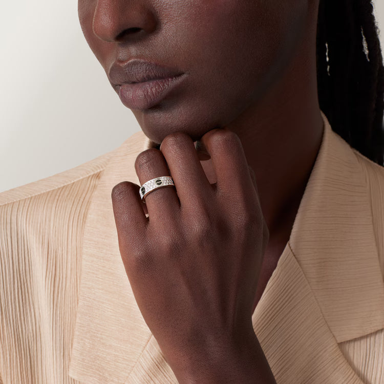 Screw-Motif Band Ring, Ceramic, Stone-Set, Classic Model, White Gold Tone