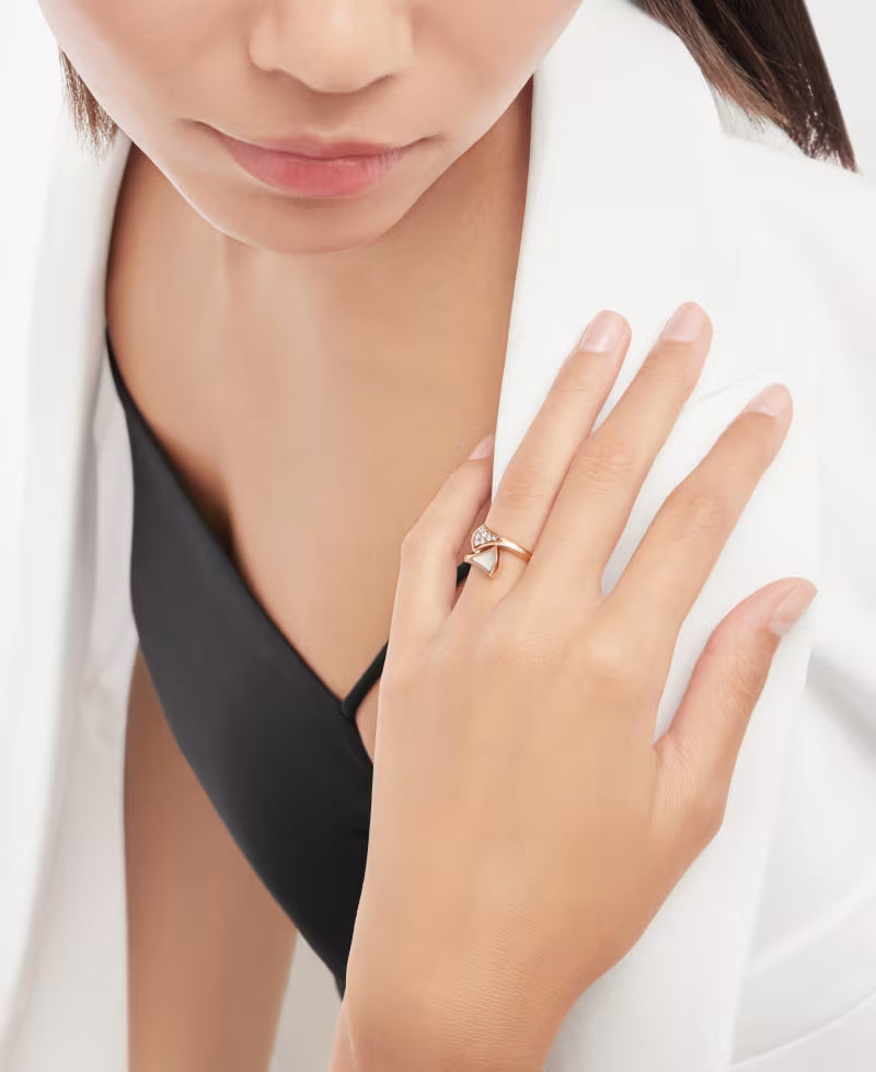 Fan-Motif Ring, Rose Gold Tone, Stone-Set, Mother-of-Pearl