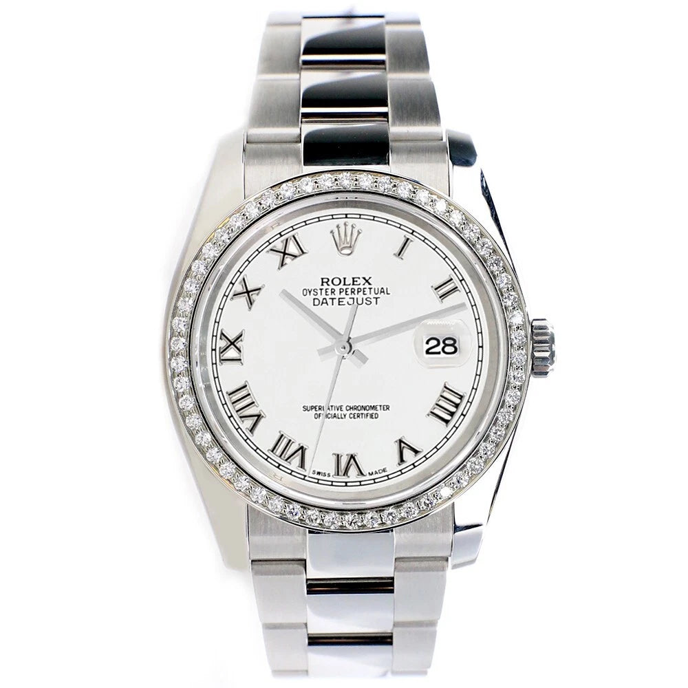 Classic Date Watch, White Gold Tone, Steel, Stone-Set, 36 mm