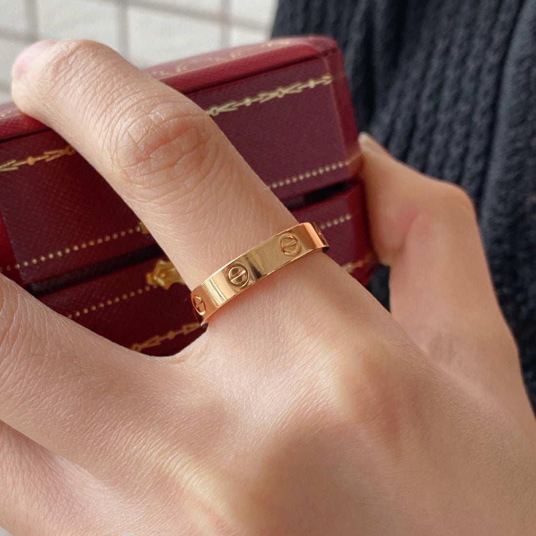Screw-Motif Band Ring, Small Model, Rose Gold Tone