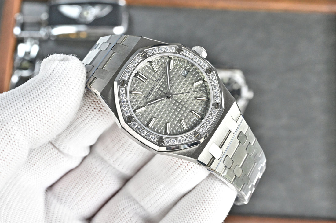 Octagonal Bezel Watch, White Gold Tone, Stone-Set, White, 37 mm