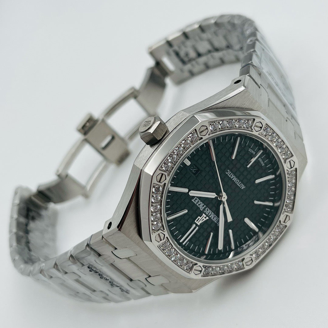 Octagonal Bezel Watch, White Gold Tone, Stone-Set, White, 41 mm