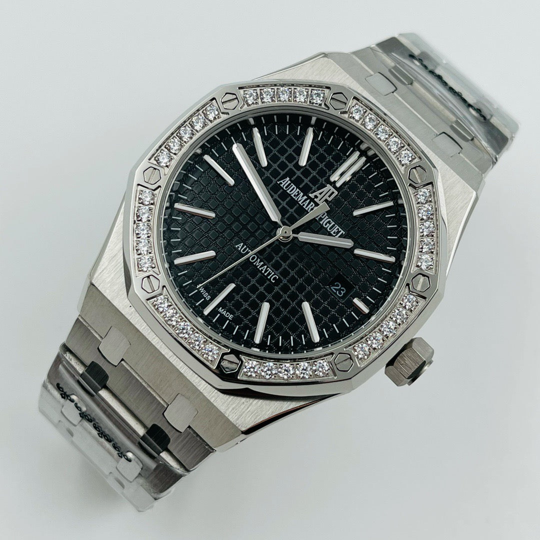 Octagonal Bezel Watch, White Gold Tone, Stone-Set, White, 41 mm