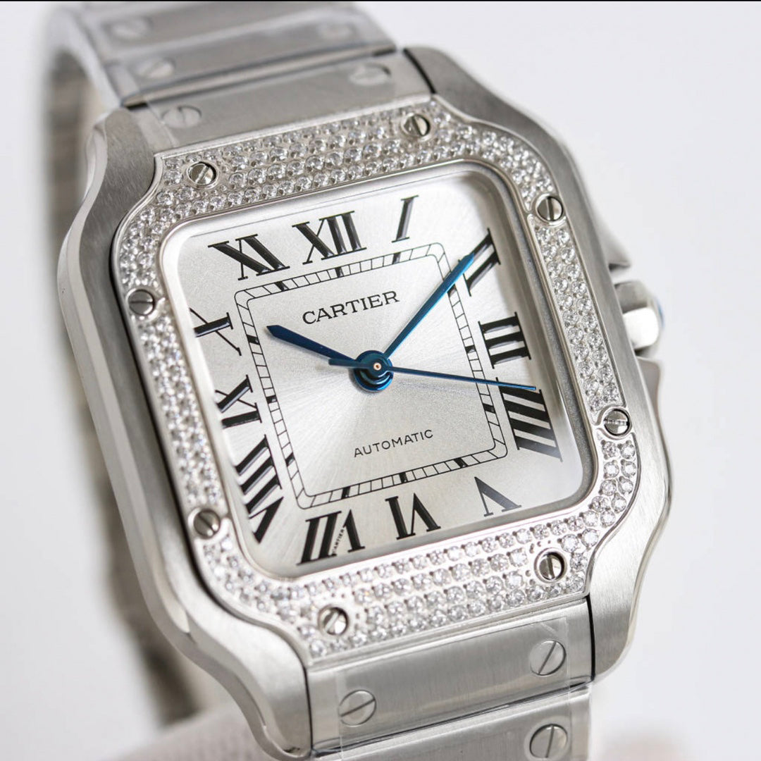 Square Case Watch, Steel, Stone-Set