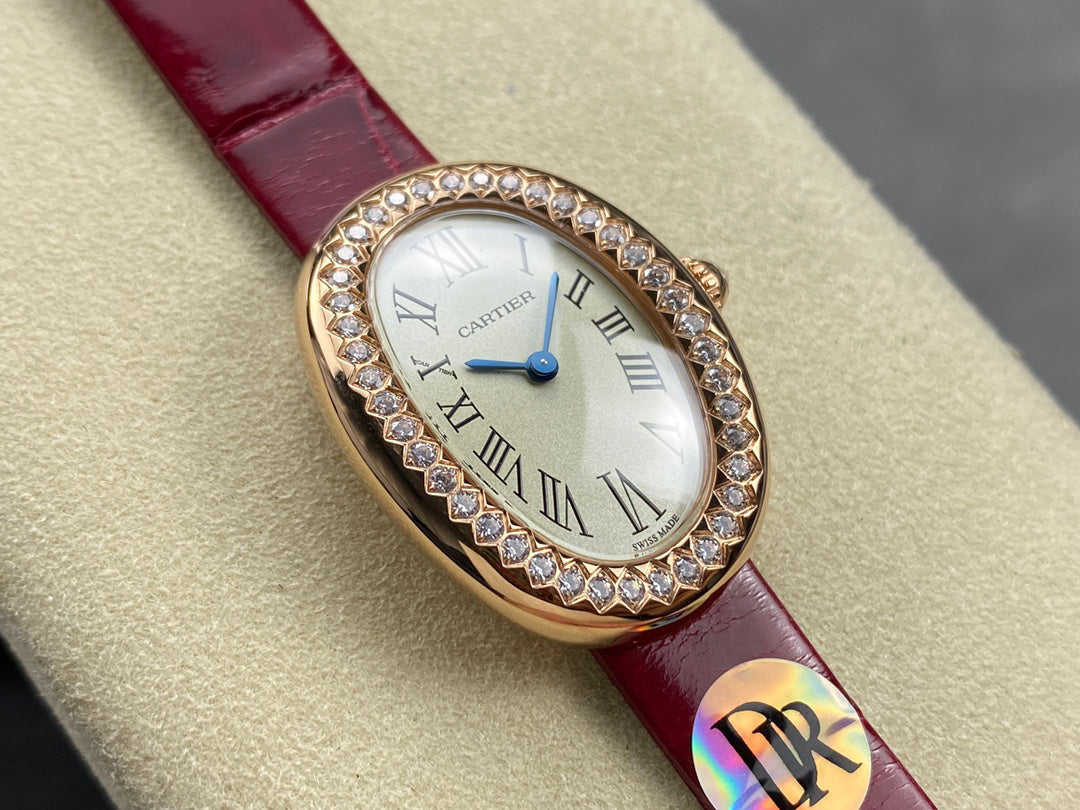 Oval Case Watch, 18K, Rose Gold Tone, Stone-Set, Small Model