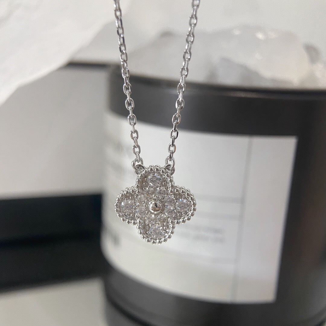 Quatrefoil Pendant Necklace, White Gold Tone