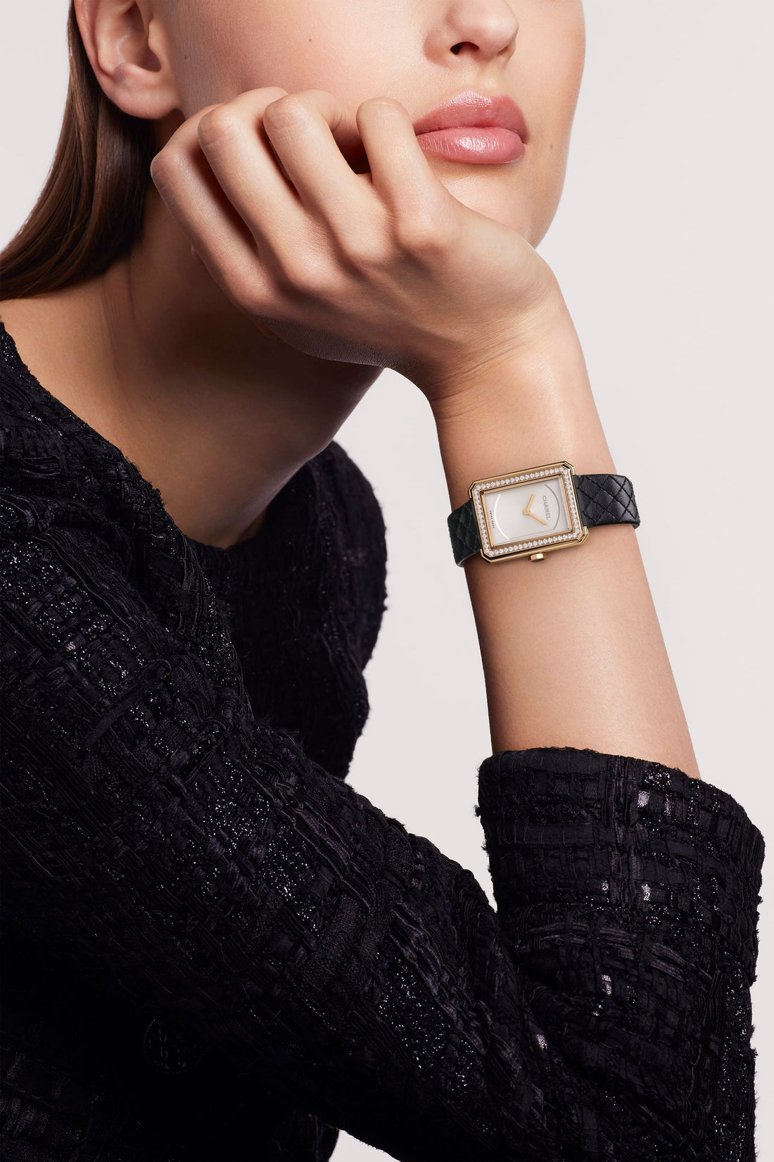Round Watch, Stone-Set, Beige