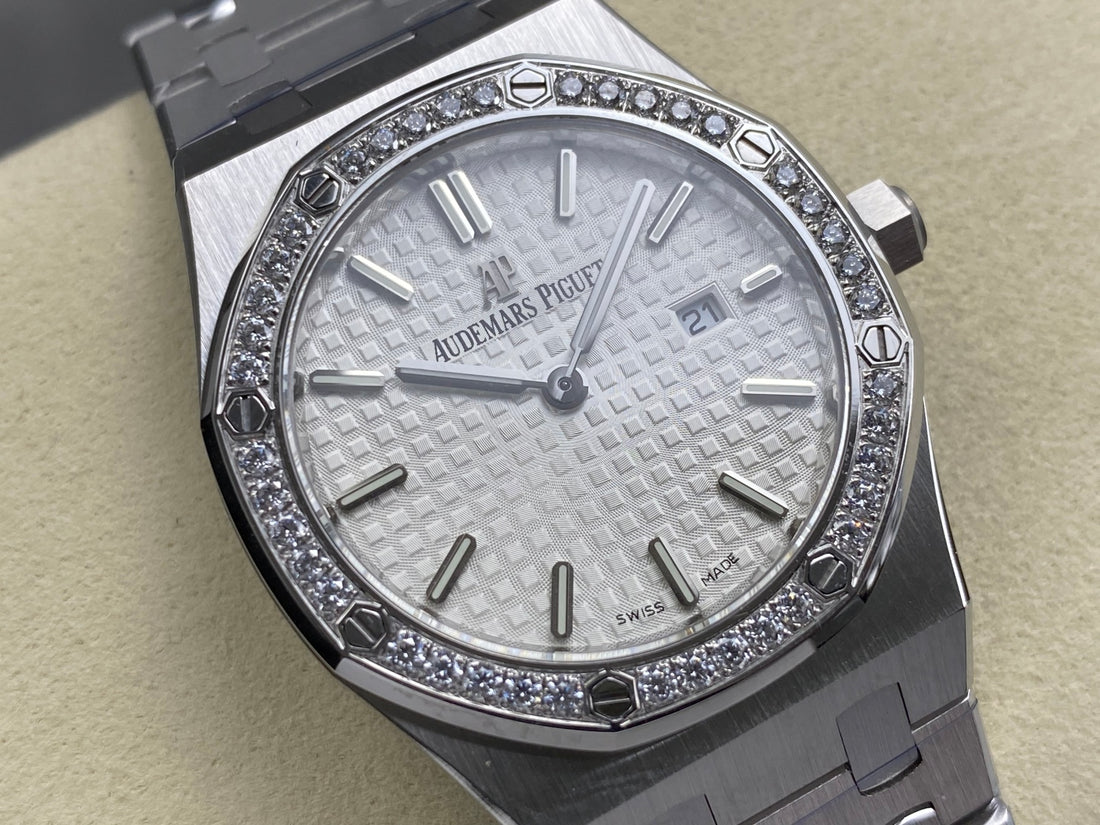 Octagonal Bezel Watch, White Gold Tone, Stone-Set, White, 33 mm