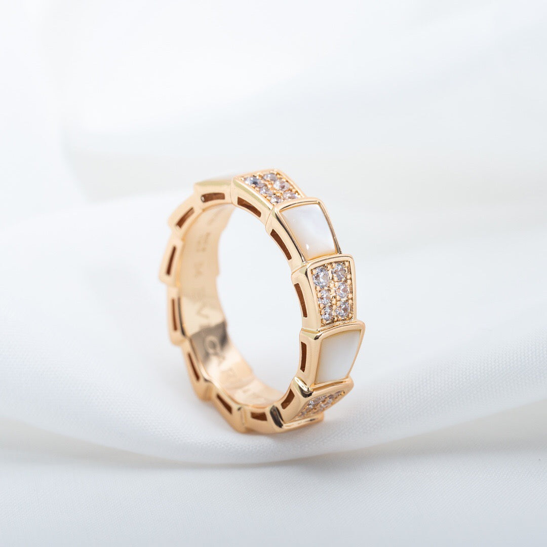Snake-Scale Ring, Rose Gold Tone, Stone-Set, Mother-of-Pearl