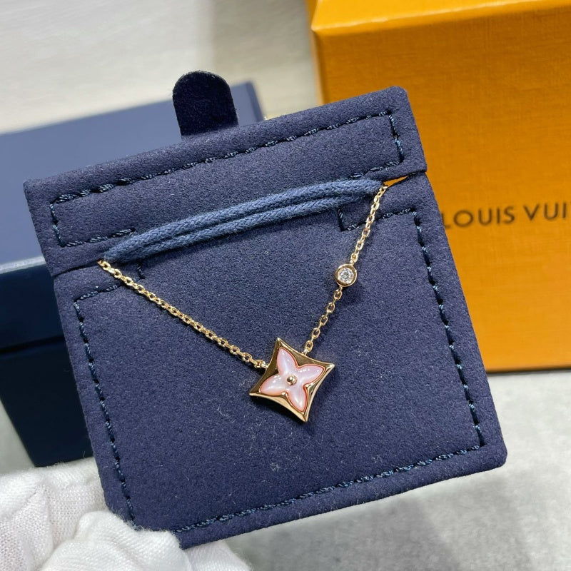 Star-Flower Pendant Necklace, Mother-of-Pearl, Stone-Set, Pink