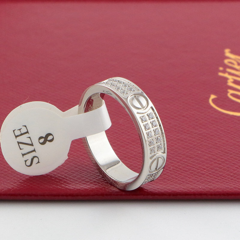 Screw-Motif Band Ring, Stone-Set, White Gold Tone