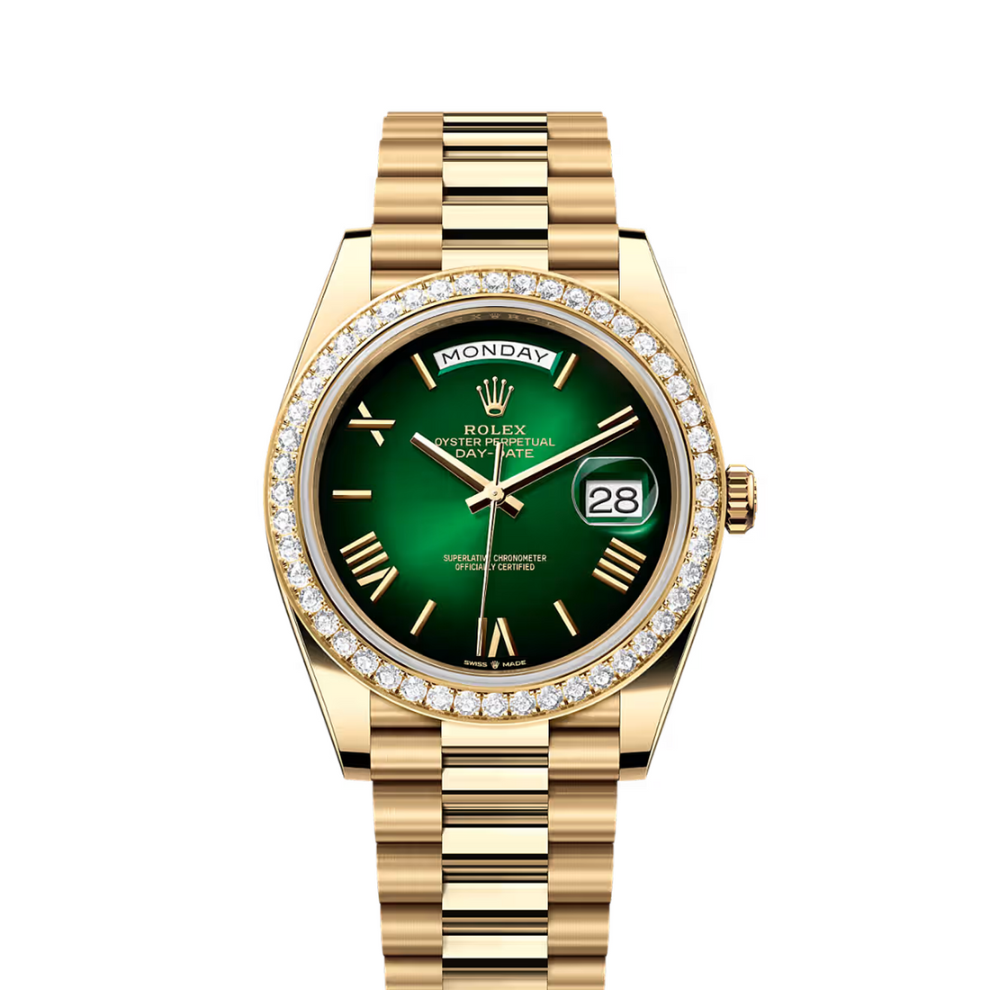 Day and Date Watch, Yellow Gold Tone, Stone-Set, 41 mm