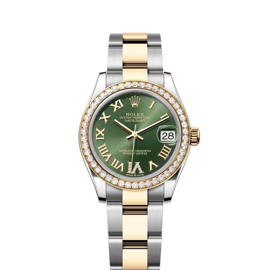 Classic Date Watch, Yellow Gold Tone, Steel, Stone-Set, 31 mm
