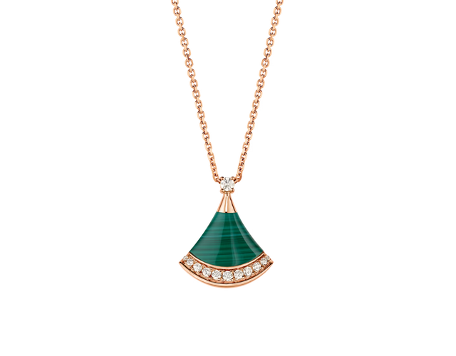 Fan-Motif Necklace, Rose Gold Tone, Stone-Set, Malachite