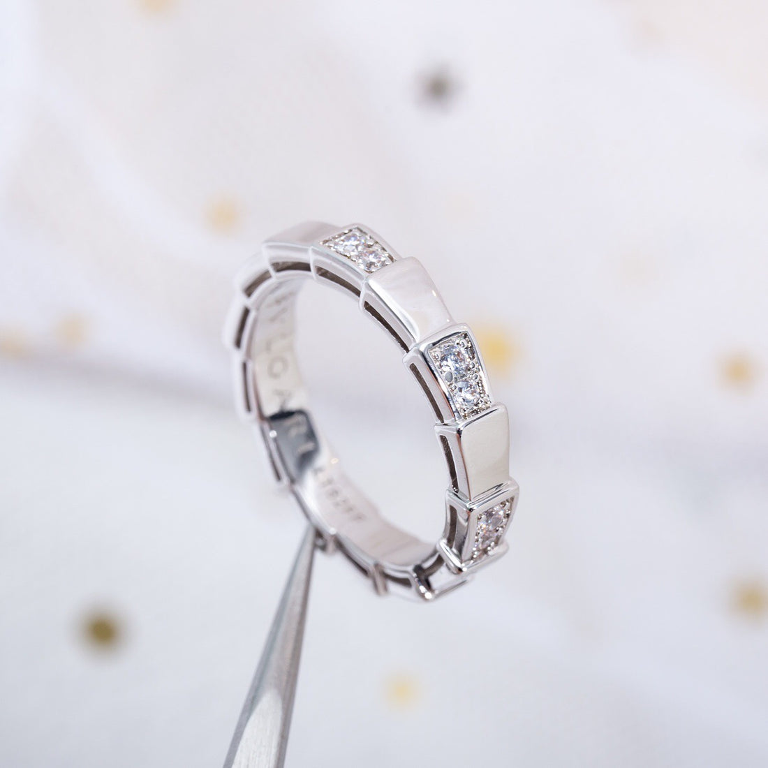 Snake-Scale Ring, White Gold Tone, Stone-Set