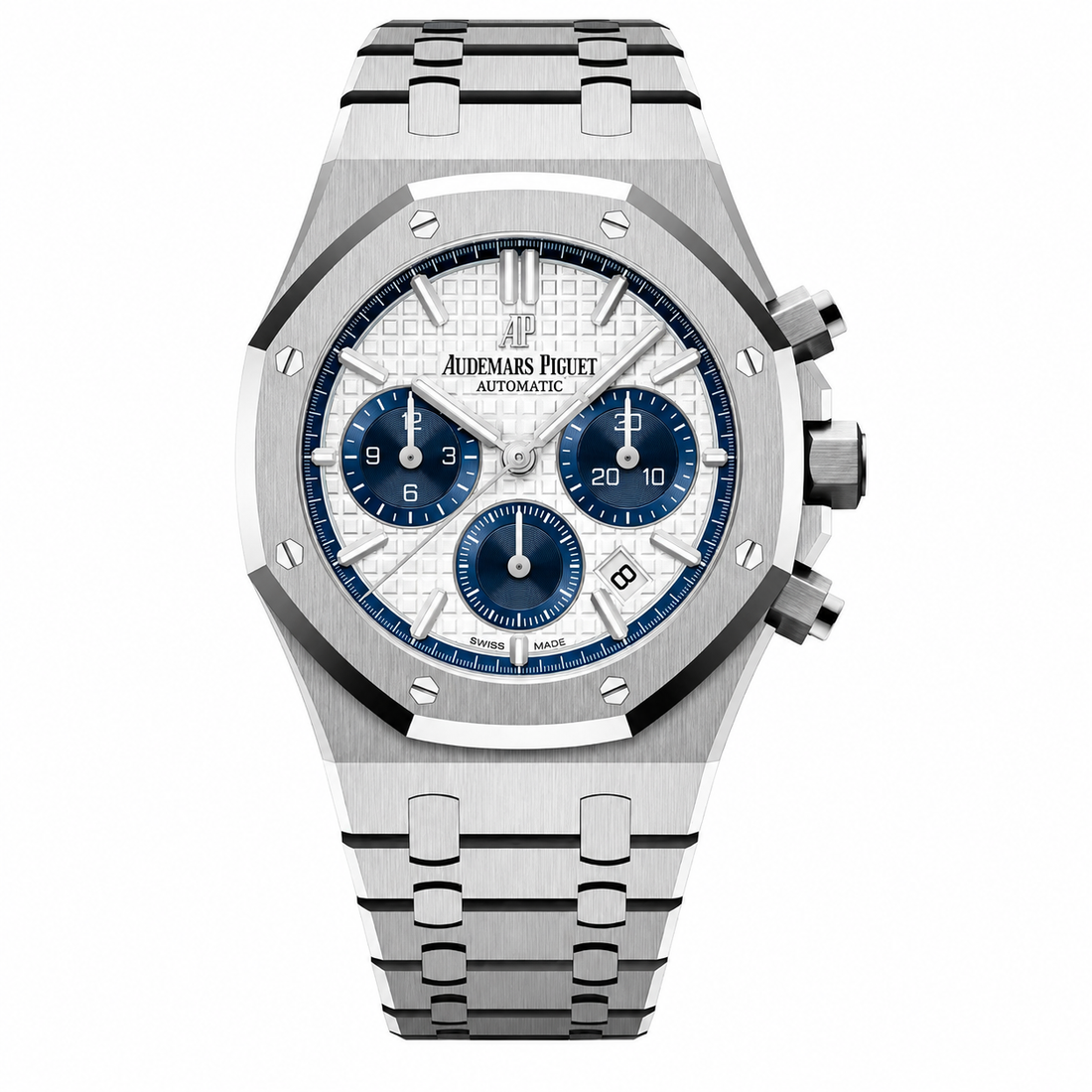 Octagonal Bezel Watch, White Gold Tone, White, 38 mm