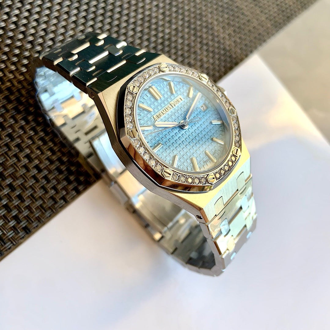 Octagonal Bezel Watch, White Gold Tone, Stone-Set, White, 34 mm
