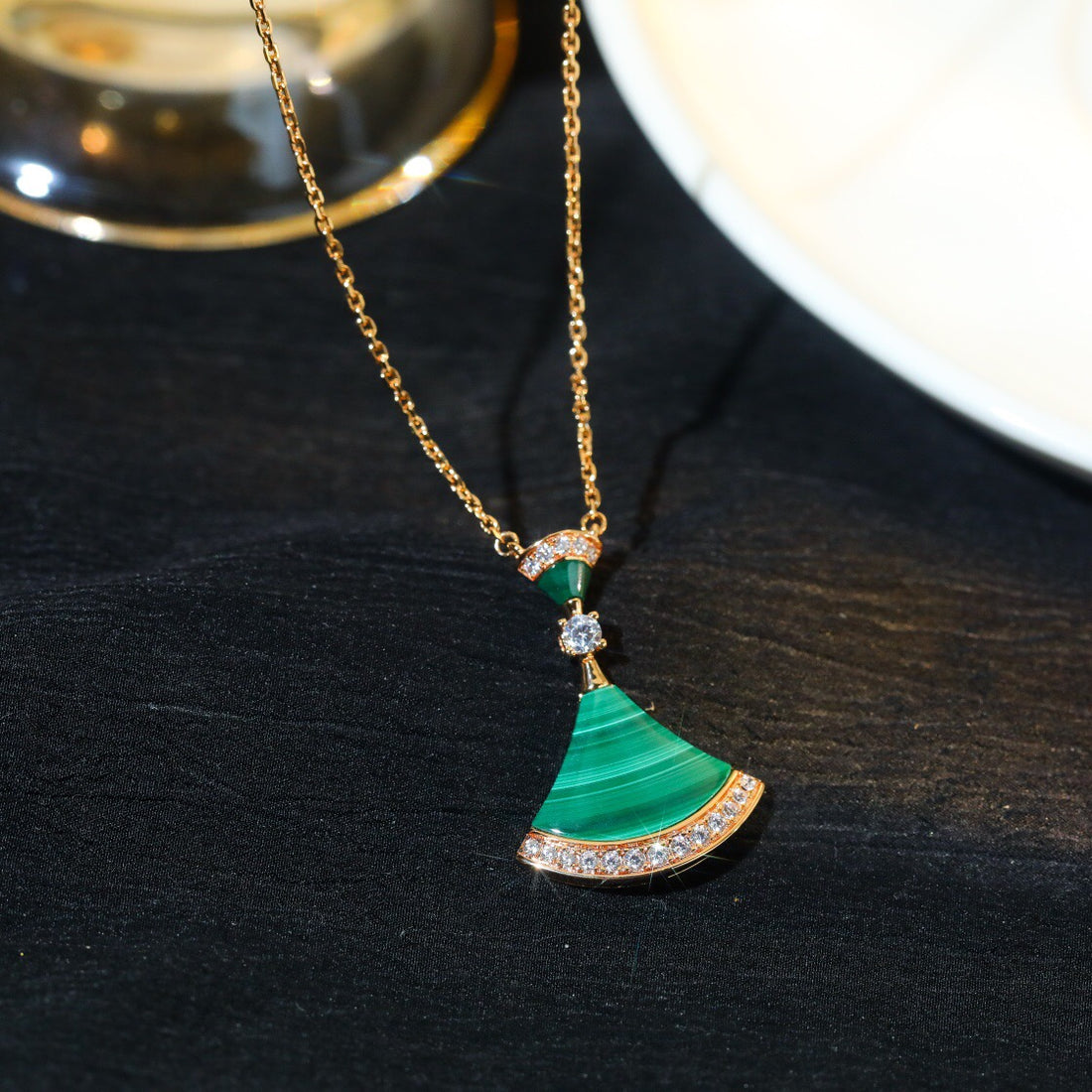 Fan-Motif Necklace, Rose Gold Tone, Stone-Set, Malachite