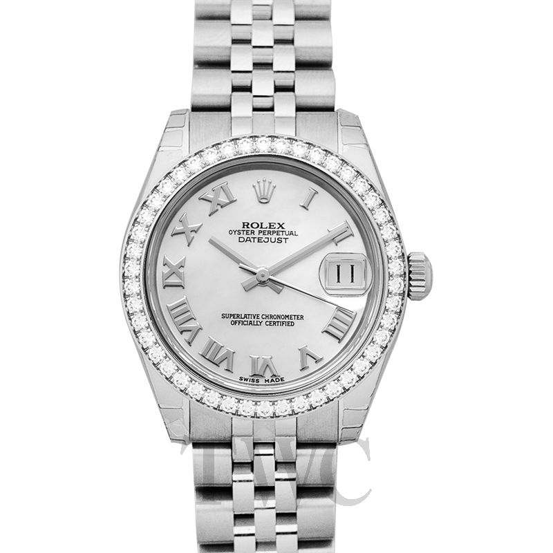Classic Date Watch, White Gold Tone, Steel, Stone-Set, 28 mm