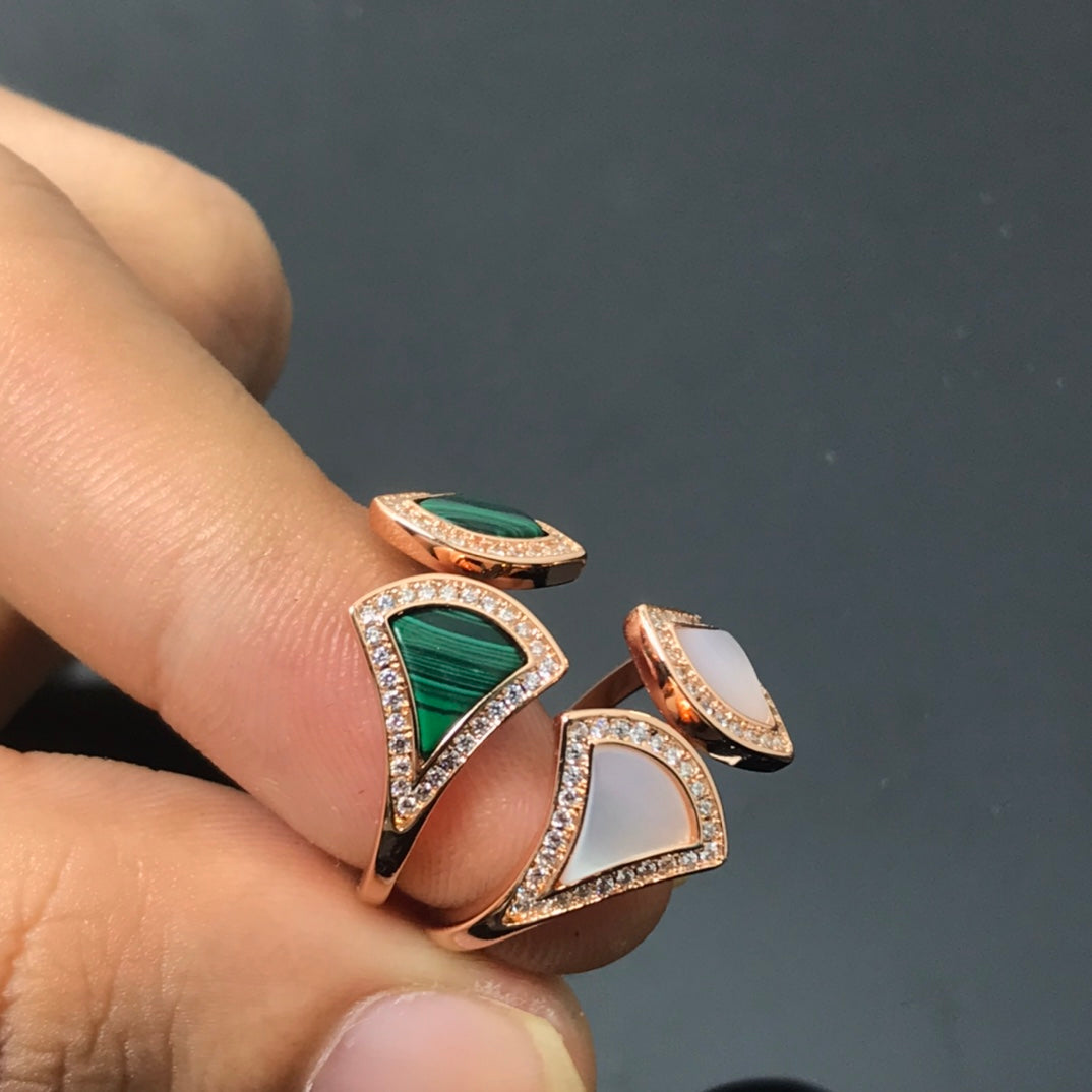 Fan-Motif Ring, Rose Gold Tone, Malachite
