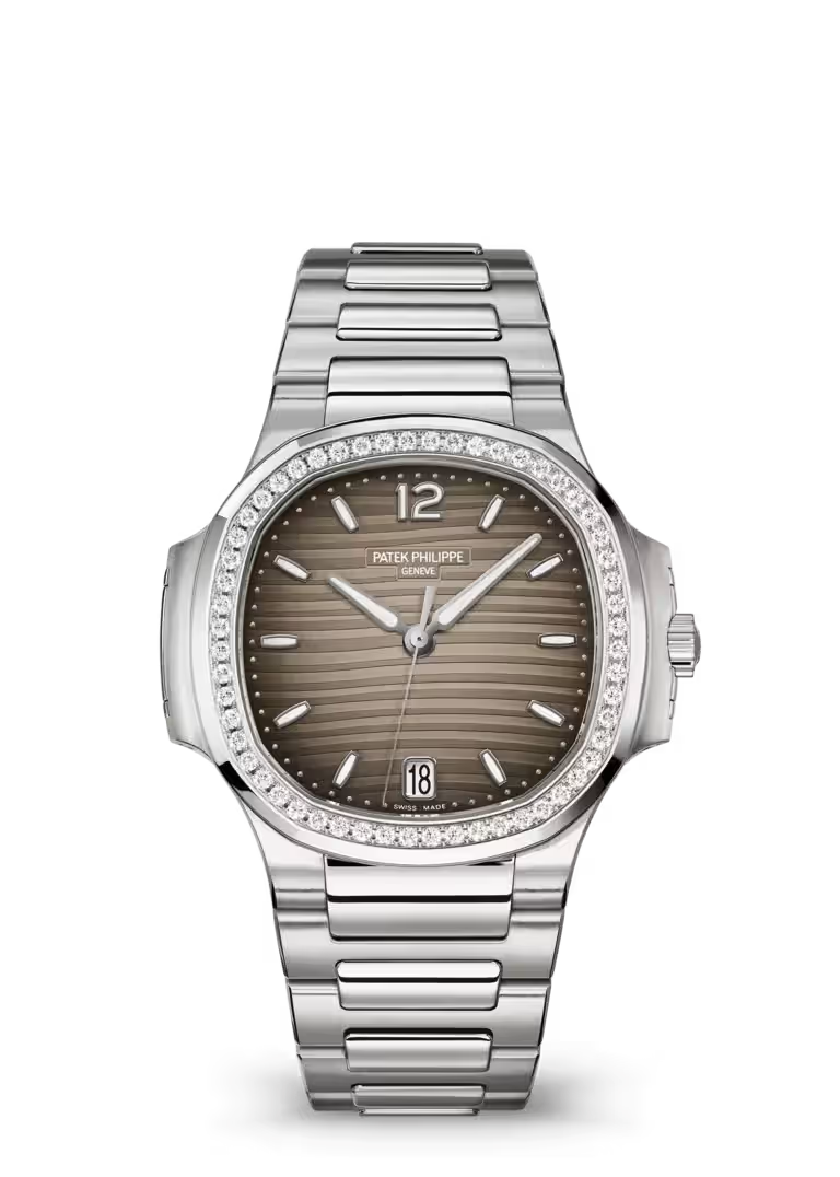 Porthole Case Watch, White Gold Tone, Stone-Set, White